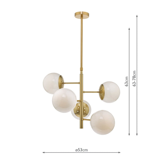 Dar Lighting BOM0535 Bombazine 5lt Pendant Natural Brass & Opal Glass - 34934