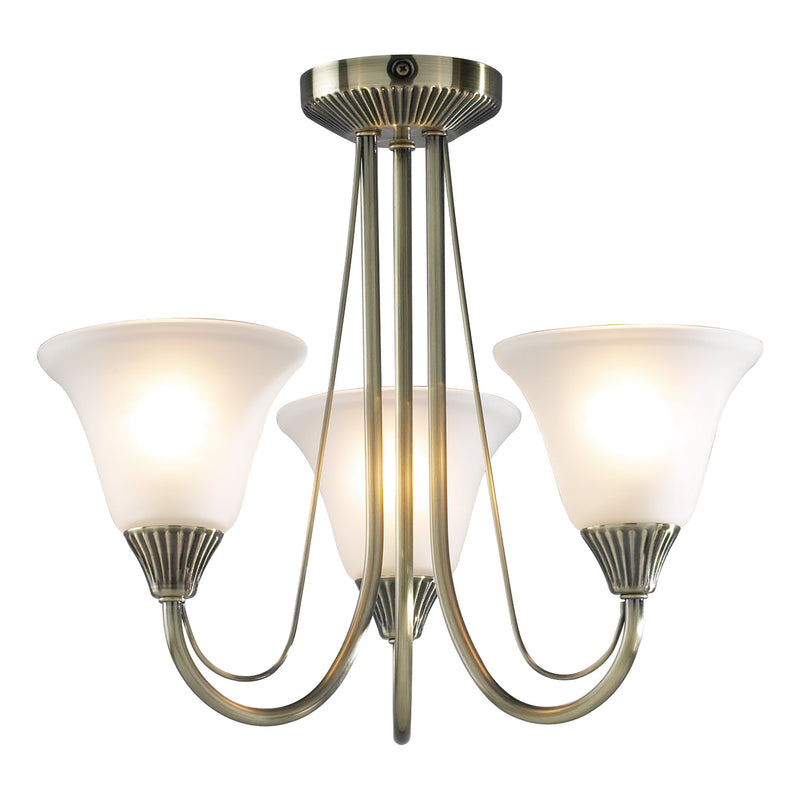 Load image into Gallery viewer, Dar Lighting BOS03 Boston 3 Light Semi Flush Antique Brass complete with Glass - 14527
