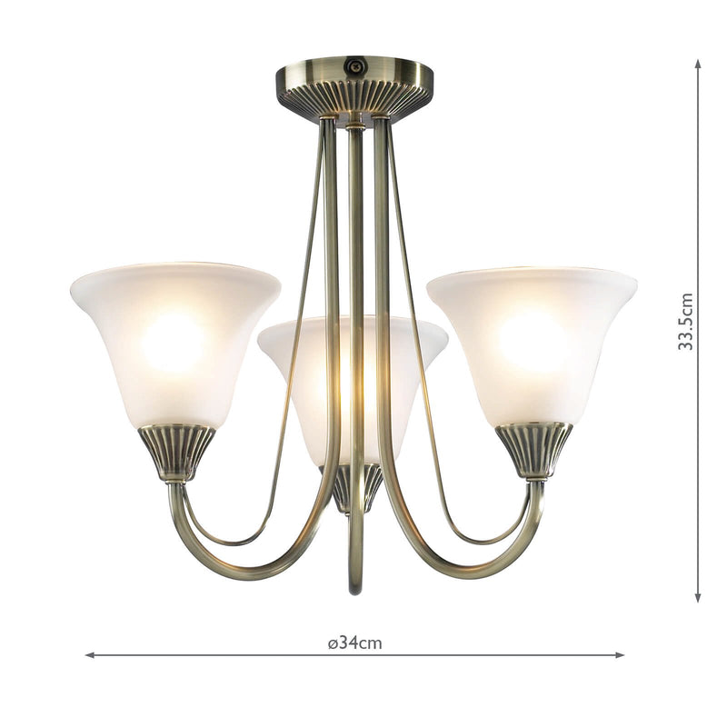 Load image into Gallery viewer, Dar Lighting BOS03 Boston 3 Light Semi Flush Antique Brass complete with Glass - 14527
