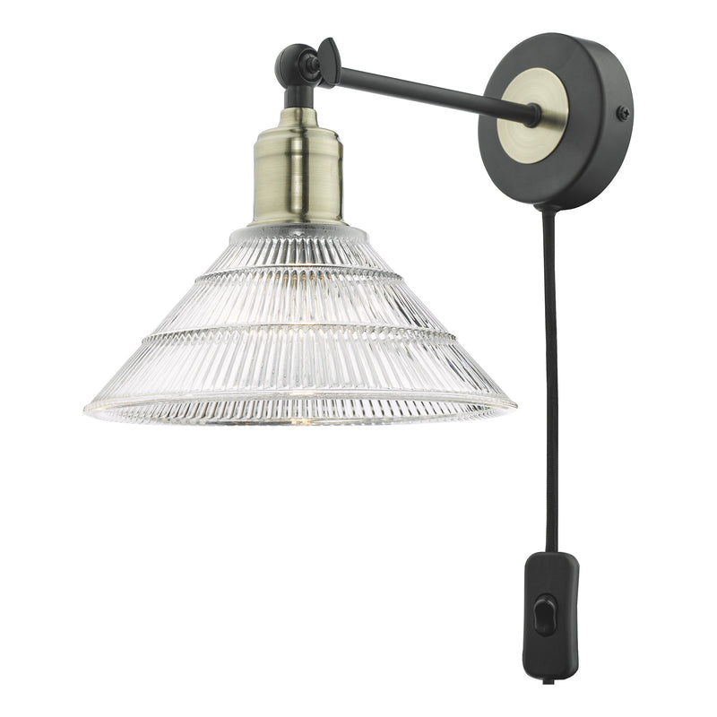 Load image into Gallery viewer, Dar Lighting BOY0775 Boyd Single Wall Light Antique Brass &amp; Matt Black With Ribbed Glass Shade - Plug In - 36875
