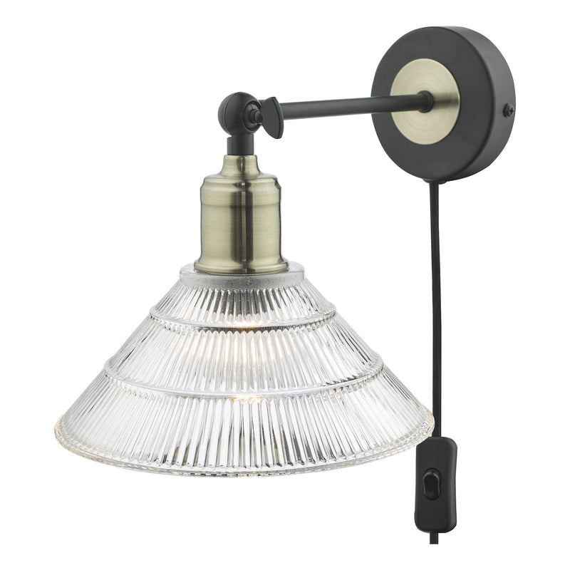 Load image into Gallery viewer, Dar Lighting BOY0775 Boyd Single Wall Light Antique Brass &amp; Matt Black With Ribbed Glass Shade - Plug In - 36875
