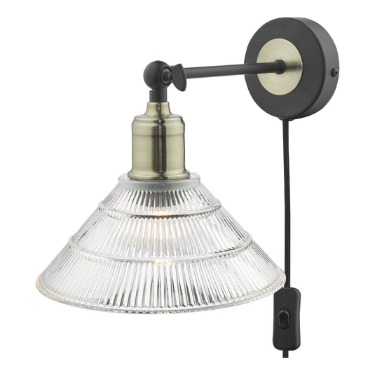 Dar Lighting BOY0775 Boyd Single Wall Light Antique Brass & Matt Black With Ribbed Glass Shade - Plug In - 36875