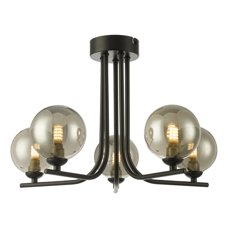 Load image into Gallery viewer, Dar Lighting CRA5422-01 Cradle 5 Light Semi Flush Matt Black Smoked Glass - 36892

