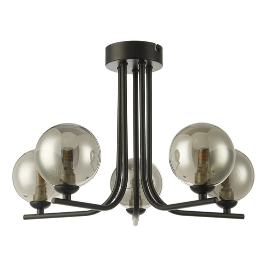 Dar Lighting CRA5422-01 Cradle 5 Light Semi Flush Matt Black Smoked Glass - 36892
