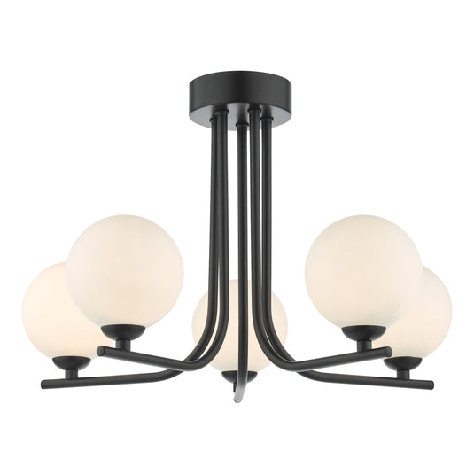 Dar Lighting CRA5422-02 Cradle 5 Light Semi Flush Matt Black Opal Glass - 36893