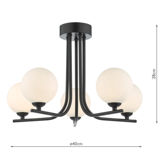 Dar Lighting CRA5422-02 Cradle 5 Light Semi Flush Matt Black Opal Glass - 36893