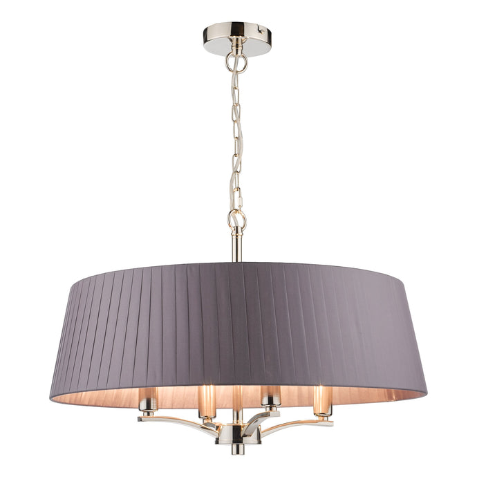 Dar Lighting CRI0439 Cristin 4 Light Pendant Polished Nickel with Grey Ribbon Shade - 34969
