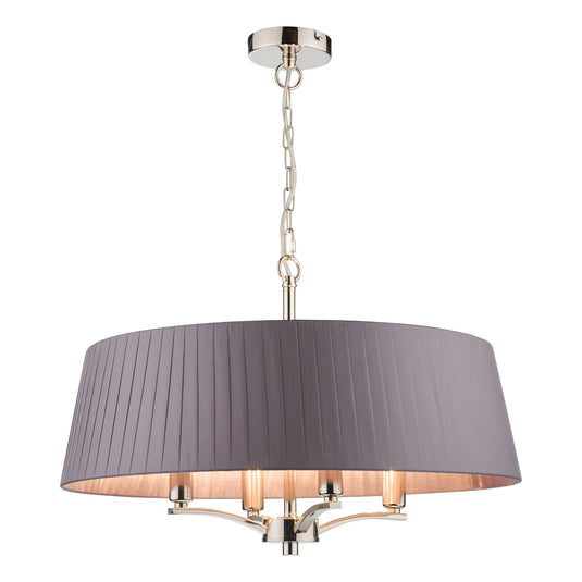 Dar Lighting CRI0439 Cristin 4 Light Pendant Polished Nickel with Grey Ribbon Shade - 34969