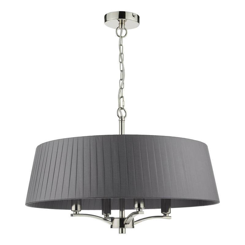 Load image into Gallery viewer, Dar Lighting CRI0439 Cristin 4 Light Pendant Polished Nickel with Grey Ribbon Shade - 34969
