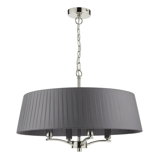 Dar Lighting CRI0439 Cristin 4 Light Pendant Polished Nickel with Grey Ribbon Shade - 34969