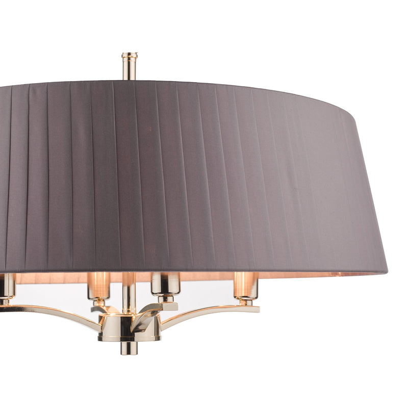 Load image into Gallery viewer, Dar Lighting CRI0439 Cristin 4 Light Pendant Polished Nickel with Grey Ribbon Shade - 34969
