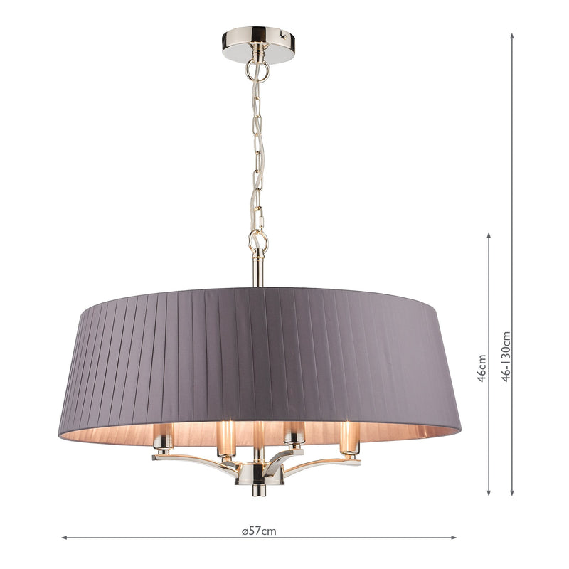 Load image into Gallery viewer, Dar Lighting CRI0439 Cristin 4 Light Pendant Polished Nickel with Grey Ribbon Shade - 34969
