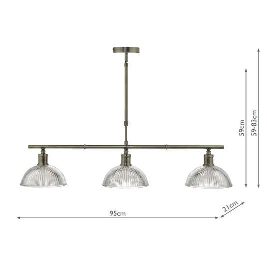 Dar Lighting DAR0375 Dara 3lt Bar Pendant Antique Brass & Glass - 34979