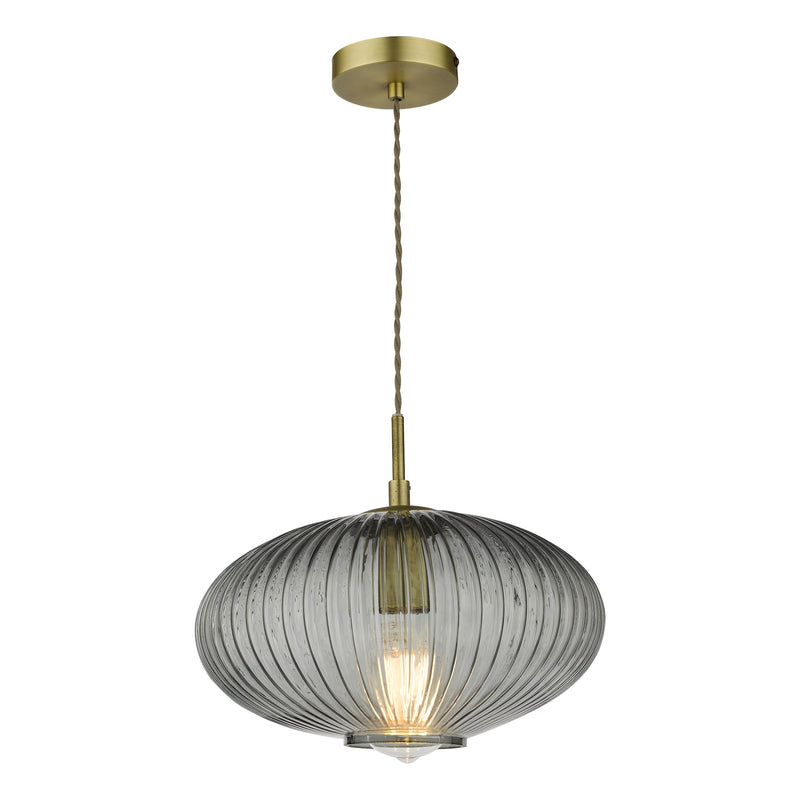 Load image into Gallery viewer, Dar Lighting EDM0175 Edmond 1 Light Pendant Smoked Glass Antique Brass Detail - 36903
