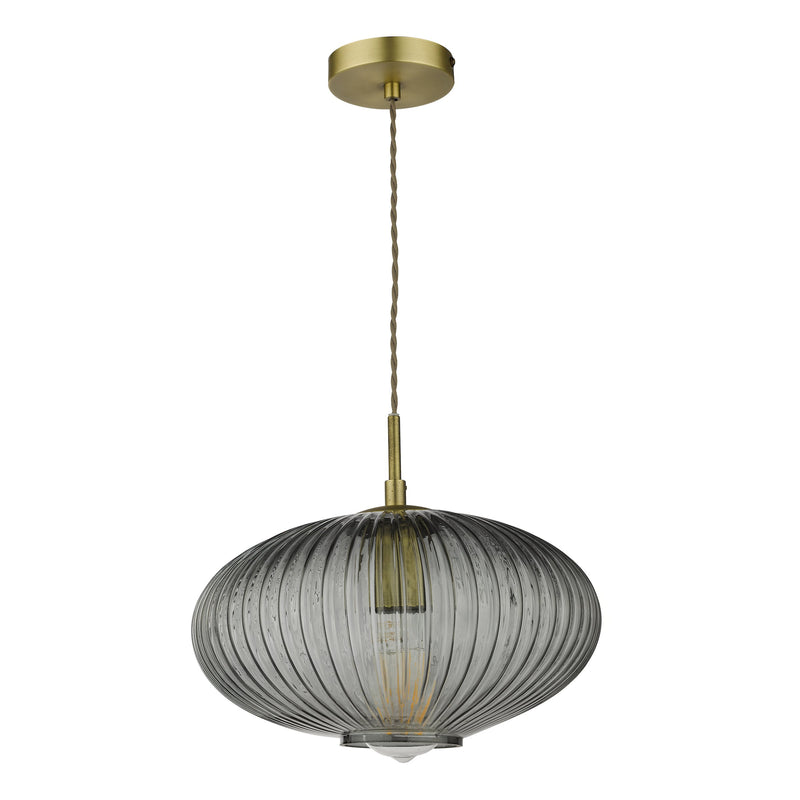 Load image into Gallery viewer, Dar Lighting EDM0175 Edmond 1 Light Pendant Smoked Glass Antique Brass Detail - 36903

