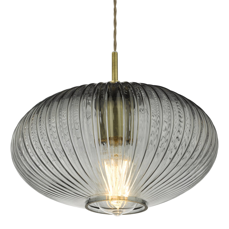 Load image into Gallery viewer, Dar Lighting EDM0175 Edmond 1 Light Pendant Smoked Glass Antique Brass Detail - 36903
