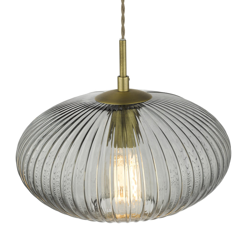 Load image into Gallery viewer, Dar Lighting EDM0175 Edmond 1 Light Pendant Smoked Glass Antique Brass Detail - 36903
