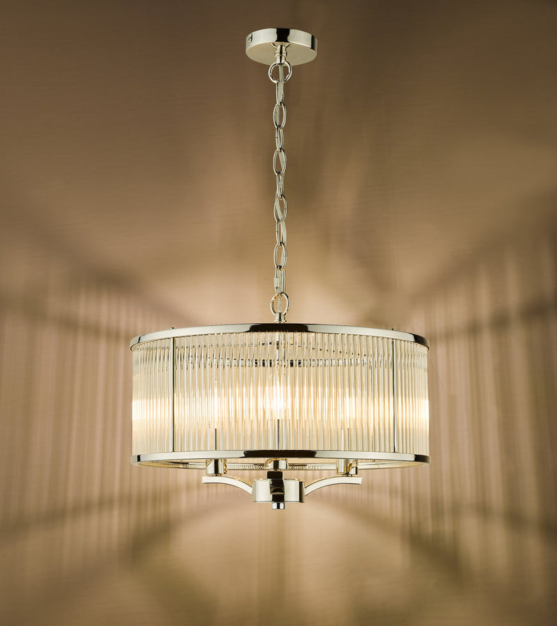 Load image into Gallery viewer, Dar Lighting EVE0338 Eveyln 3 Light Pendant Polished Nickel Glass - 36908
