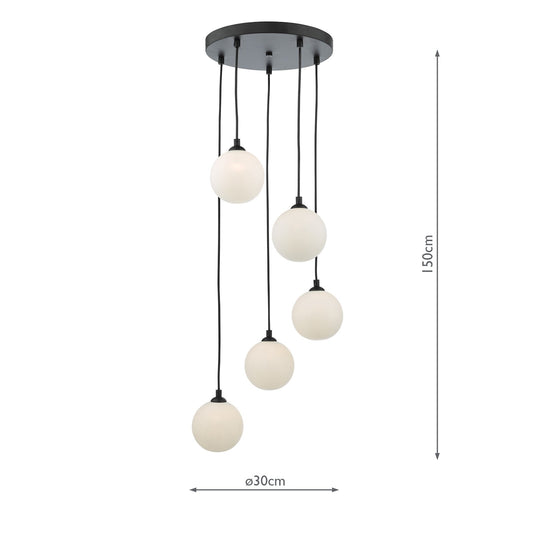 Dar Lighting FED0522-02 Federico 5 Light Cluster Pendant Black Opal Glass - 36910