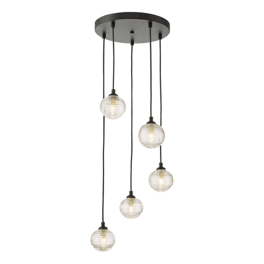 Dar Lighting FED0522-08 Federico 5 Light Cluster Pendant Black Clear Ribbed Glass - 36911