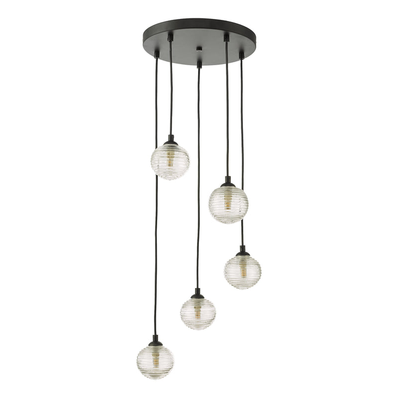 Load image into Gallery viewer, Dar Lighting FED0522-08 Federico 5 Light Cluster Pendant Black Clear Ribbed Glass - 36911
