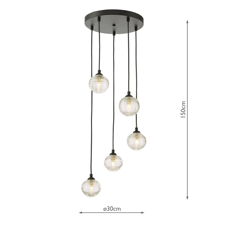 Load image into Gallery viewer, Dar Lighting FED0522-08 Federico 5 Light Cluster Pendant Black Clear Ribbed Glass - 36911
