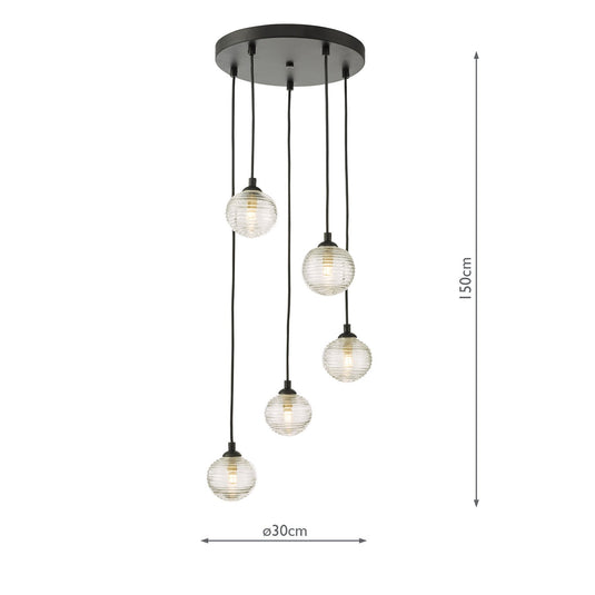 Dar Lighting FED0522-08 Federico 5 Light Cluster Pendant Black Clear Ribbed Glass - 36911