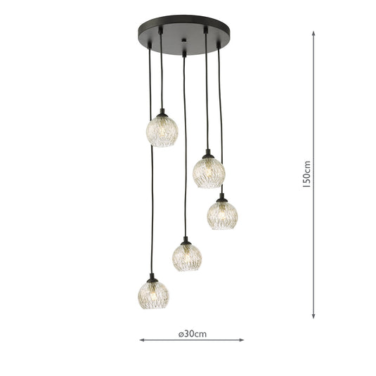 Dar Lighting FED0522-09 Federico 5 Light Cluster Pendant Black Clear/Wire Glass - 36912