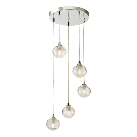 Dar Lighting FED0550-08 Federico 5 Light Cluster Pendant Polished Chrome Clear Ribbed Glass - 36915