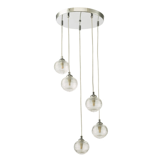 Dar Lighting FED0550-08 Federico 5 Light Cluster Pendant Polished Chrome Clear Ribbed Glass - 36915