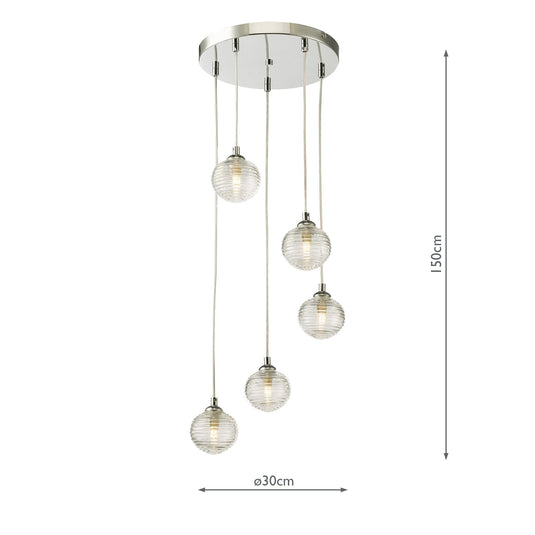 Dar Lighting FED0550-08 Federico 5 Light Cluster Pendant Polished Chrome Clear Ribbed Glass - 36915