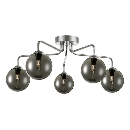 Dar Lighting FEY0550-01 Feya 5 Light Semi Flush Ceiling Light Polished Chrome Smoked Glass - 35057