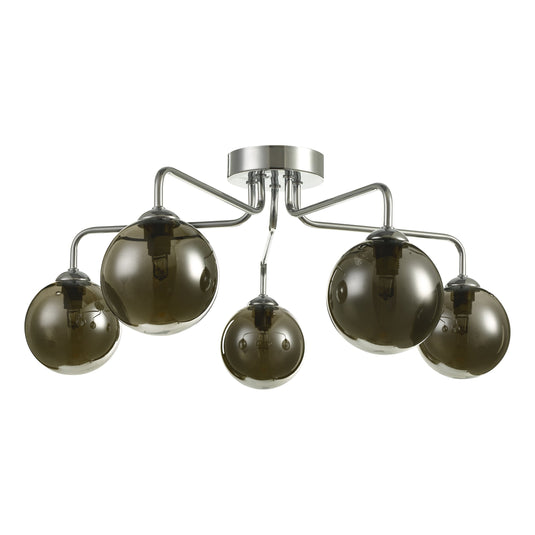 Dar Lighting FEY0550-01 Feya 5 Light Semi Flush Ceiling Light Polished Chrome Smoked Glass - 35057