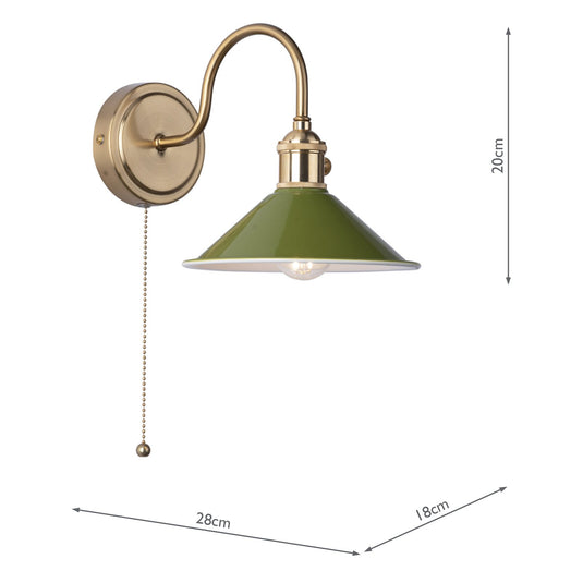 Dar Lighting HAD0740-07 Hadano 1lt Wall Light Natural Brass With Olive Green Shade - 36928
