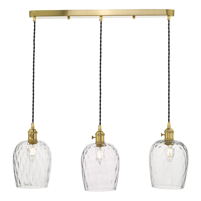 Load image into Gallery viewer, Dar Lighting HAD3640-03 Hadano 3 Light Brass Suspension With Dimpled Glass Shades - 35113
