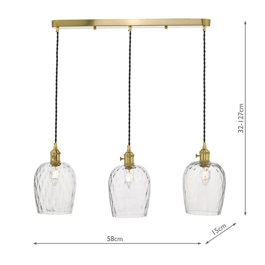 Dar Lighting HAD3640-03 Hadano 3 Light Brass Suspension With Dimpled Glass Shades - 35113