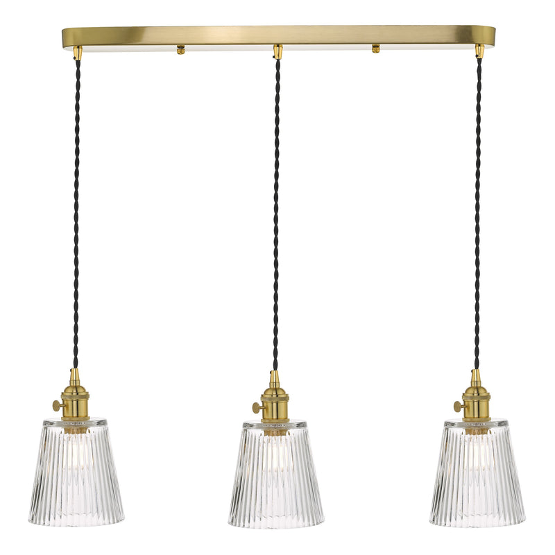 Load image into Gallery viewer, Dar Lighting HAD3640-05 Hadano 3 Light Brass Suspension With Ribbed Glass Shades - 35114
