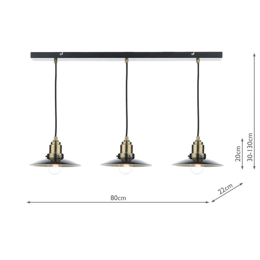 Dar Lighting HAN0354 Hannover 3 Light Bar Pendant Black Antique Brass - 19661