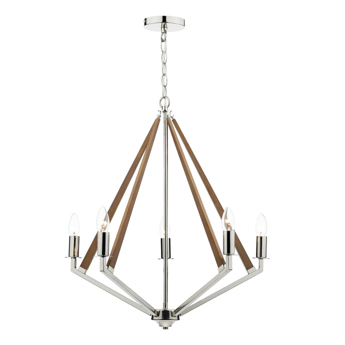 Dar Lighting HOT0538 Hotel 5 Light Pendant Polished Nickel Wood - 35143