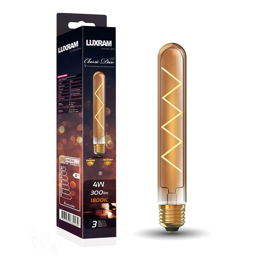 Classic Deco LED 185mm Tubular E27 Dimmable 4W 1800K Extra Warm White, 300lm, Gold Glass, 3yrs Warranty