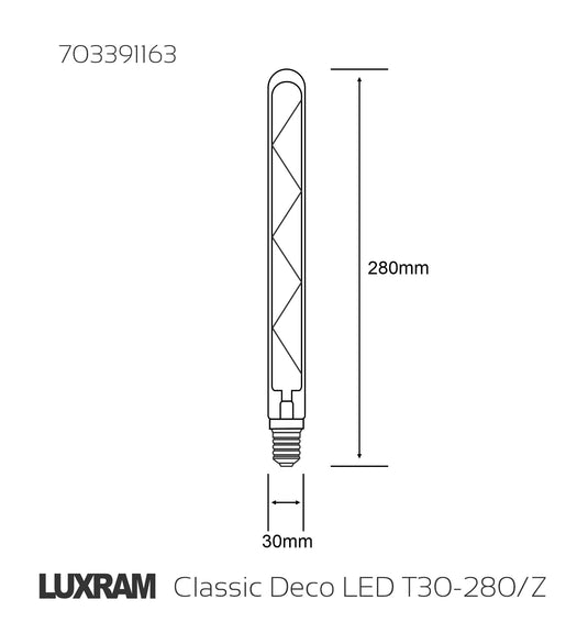 Classic Deco LED 280mm Tubular E14 Dimmable 6W 2700K Warm White, 500lm, Clear Glass, 3yrs Warranty