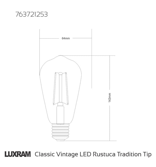 Value Vintage LED Rustica Tradition Tip/M ST64 E27 Dimmable 6.5W 2200K, 630lm, Amber Finish, 3yr Warranty