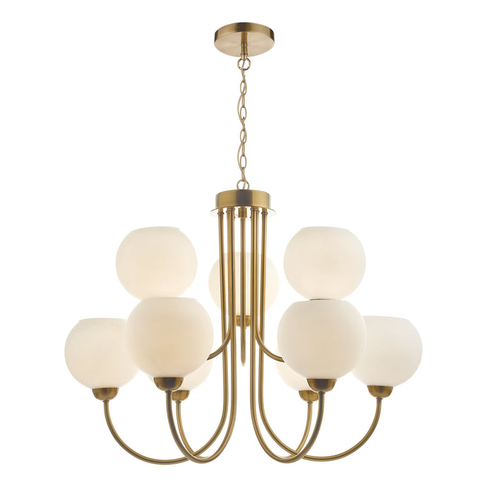 Dar Lighting IND1335 Indra Opal Glass Globe 9 Light Pendant Natural Brass - 35151