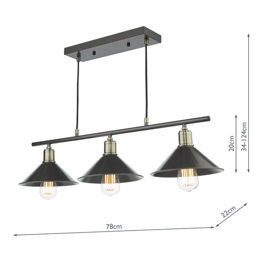 Dar Lighting JAL0361 Jalen 3 Light Bar Pendant Graphite Antique Brass - 36942