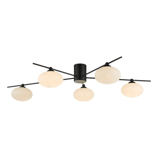 Dar Lighting JAS5422 Jasper 5 Light Semi Flush Ceiling Light Matt Black Opal Glass - 35177