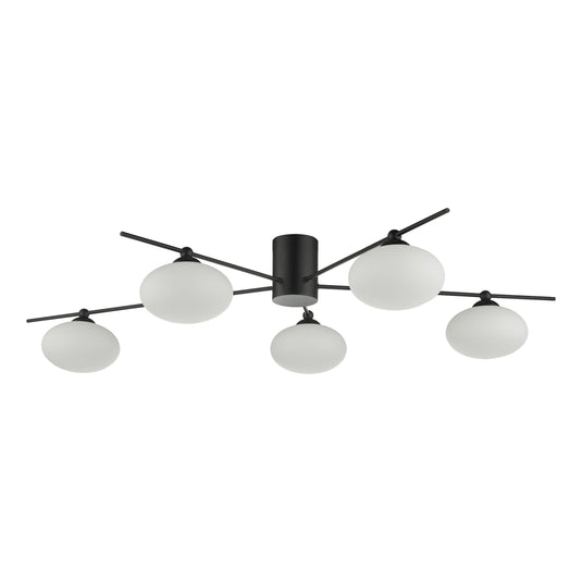 Dar Lighting JAS5422 Jasper 5 Light Semi Flush Ceiling Light Matt Black Opal Glass - 35177