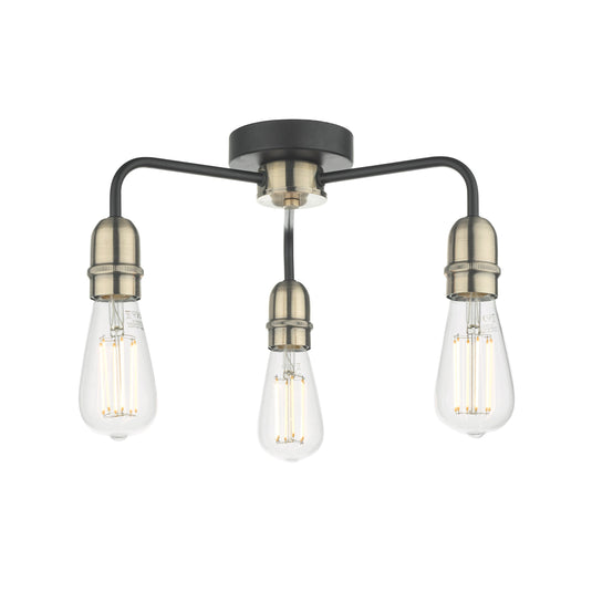 Dar Lighting KIE5322 Kiefer 3lt Flush Black & Antique Brass - 25009