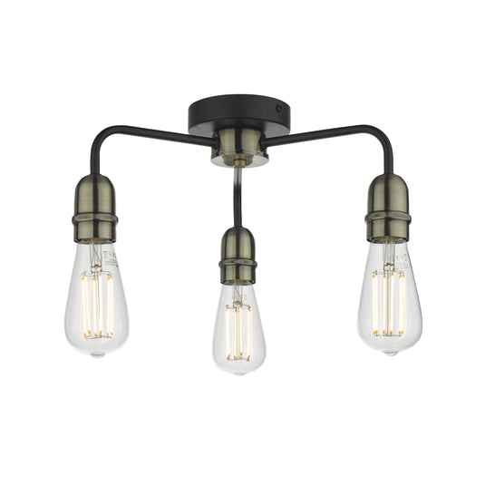 Dar Lighting KIE5322 Kiefer 3lt Flush Black & Antique Brass - 25009