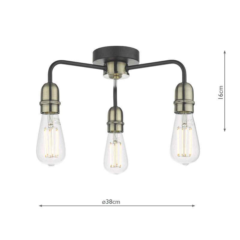 Load image into Gallery viewer, Dar Lighting KIE5322 Kiefer 3lt Flush Black &amp; Antique Brass - 25009
