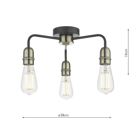 Dar Lighting KIE5322 Kiefer 3lt Flush Black & Antique Brass - 25009